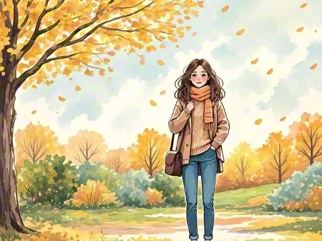 Watercolor illustration of a girl walking through a bright autumn landscape