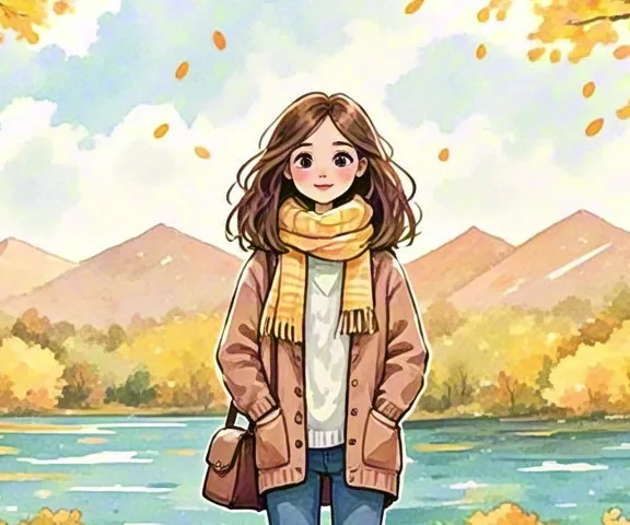 Girl walking in an autumn landscape painted in warm watercolor tones