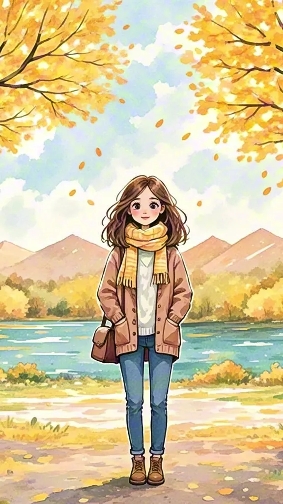 Watercolor autumn girl walking