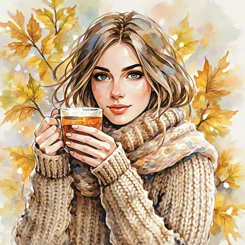 Watercolor autumn girl with coffee