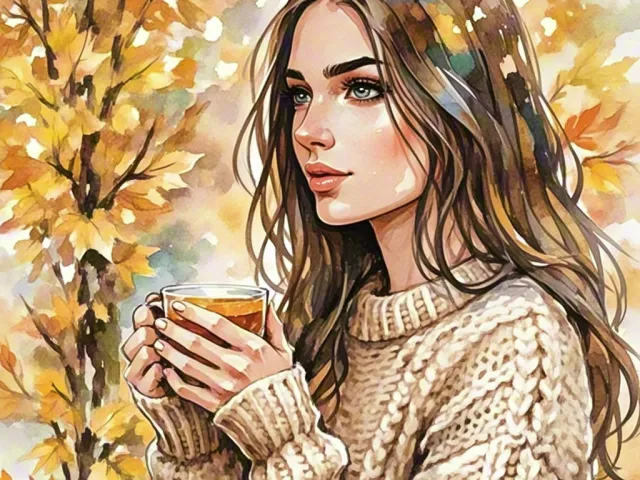 Warm watercolor illustration of a girl holding a cup in an autumn setting