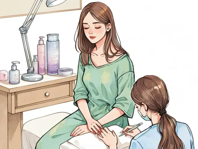 Beautician talking with a client during a nail care consultation in watercolor style