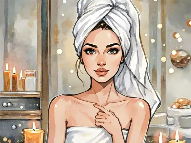 Woman with towel headwrap in a spa interior with candles in watercolor style