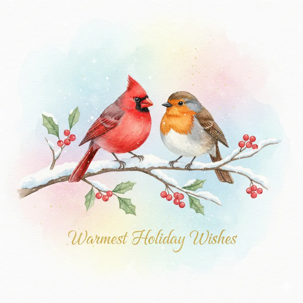 Watercolor birds on branch holiday card