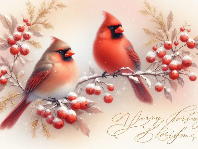 Two red cardinals perched on snowy branches in soft watercolor style