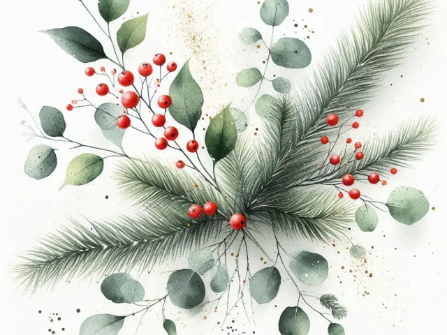 Botanical watercolor illustration with pine leaves and red winter berries