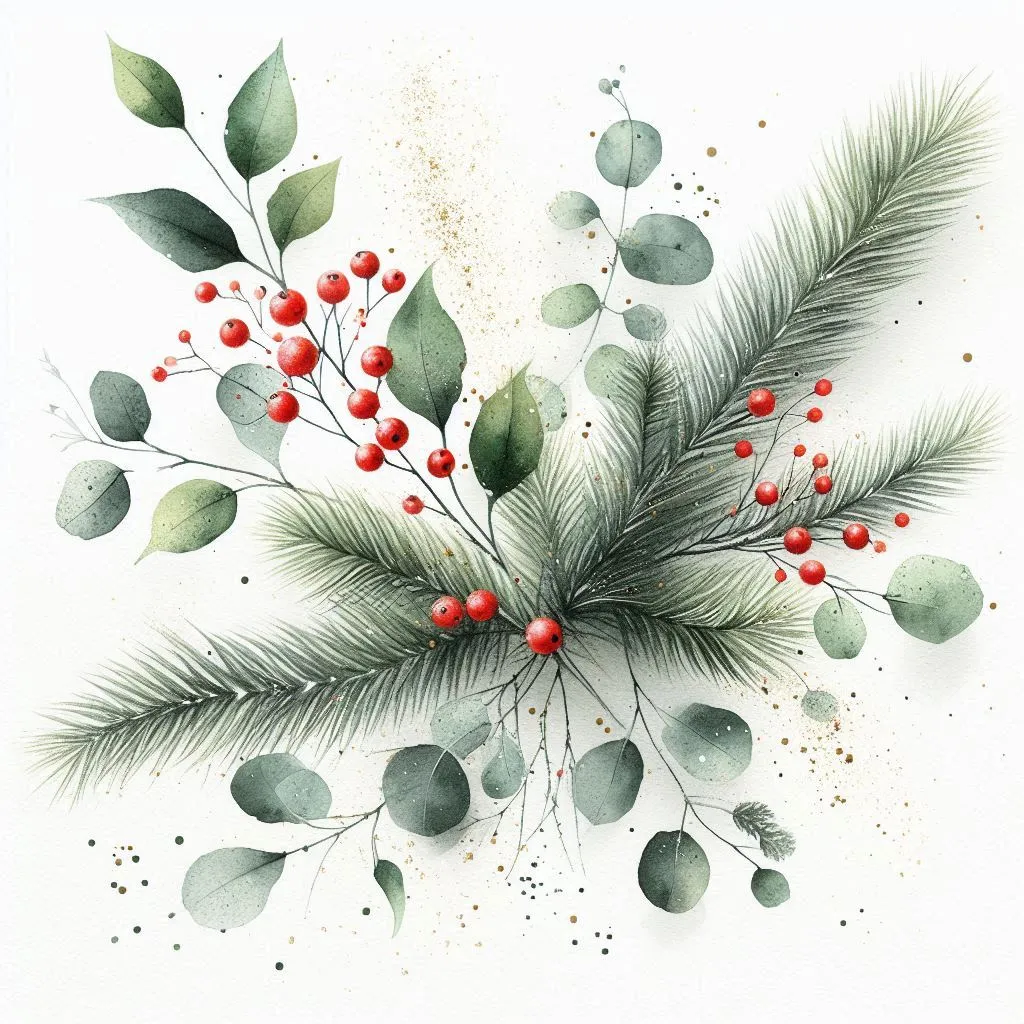 Watercolor Christmas greenery with red berries