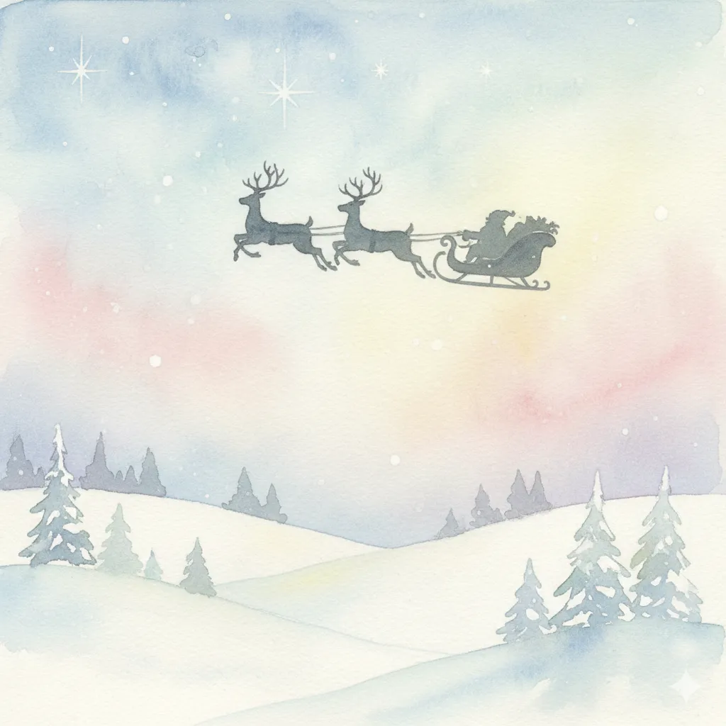 Watercolor Christmas landscape with sleigh silhouette