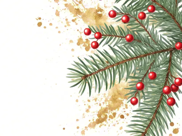 watercolor pine branch with red berries on white background