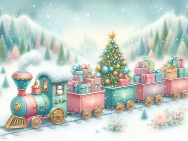 Cute winter scene with colorful train in snowy landscape