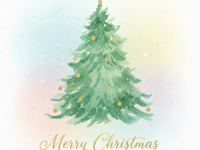 Soft watercolor Christmas tree with Merry Christmas text below