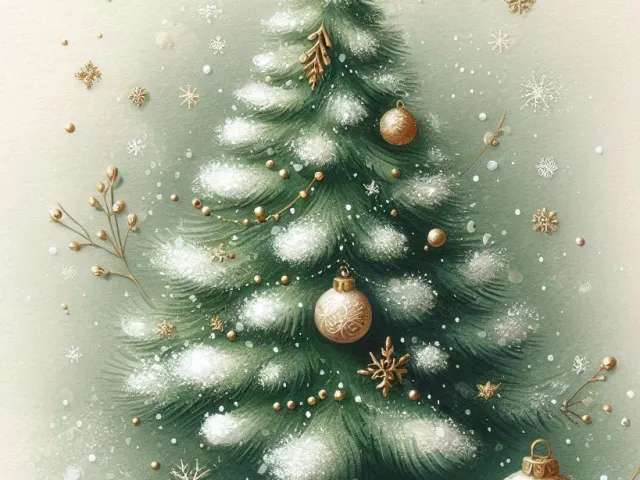 Soft pastel watercolor painting of decorated Christmas tree with ornaments