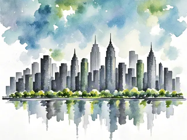 Soft watercolor city skyline with blue and white clouds