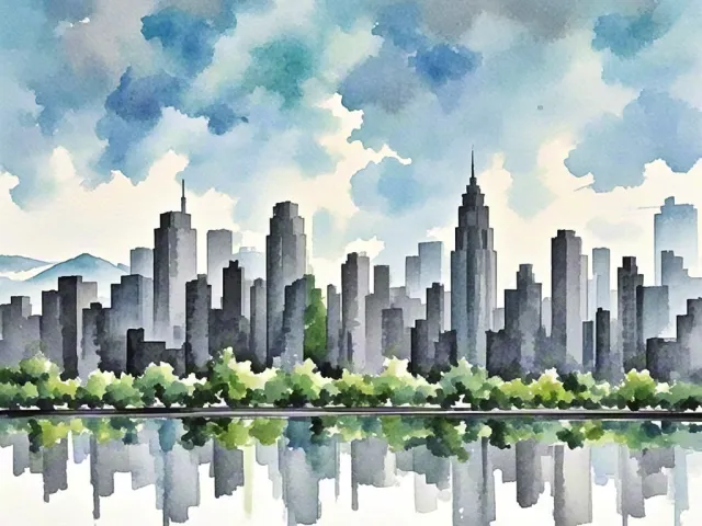 Watercolor city skyline with reflections in the water and blue tones