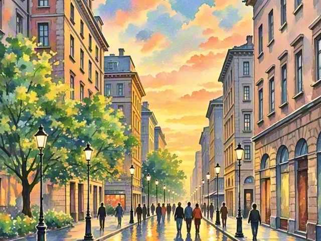 Watercolor illustration of an evening city street with warm lights and reflections