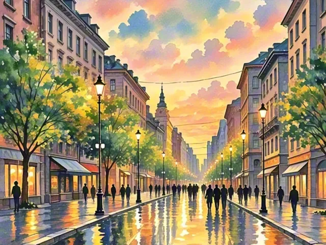 Colorful watercolor illustration of a city street with warm reflections and sunset sky