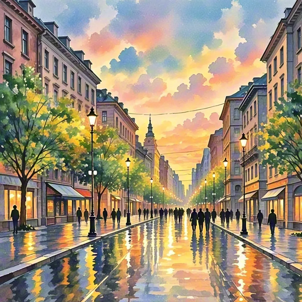 Watercolor city street at sunset
