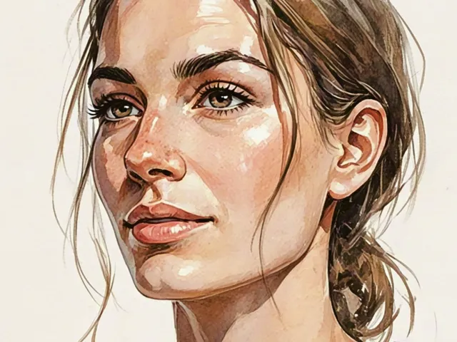 Soft watercolor close-up of a woman with natural makeup and warm highlights