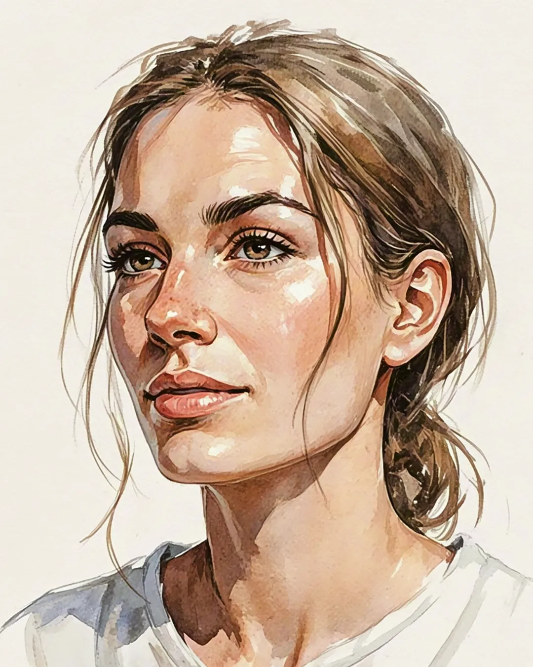 Soft watercolor close-up of a woman with natural makeup and warm highlights