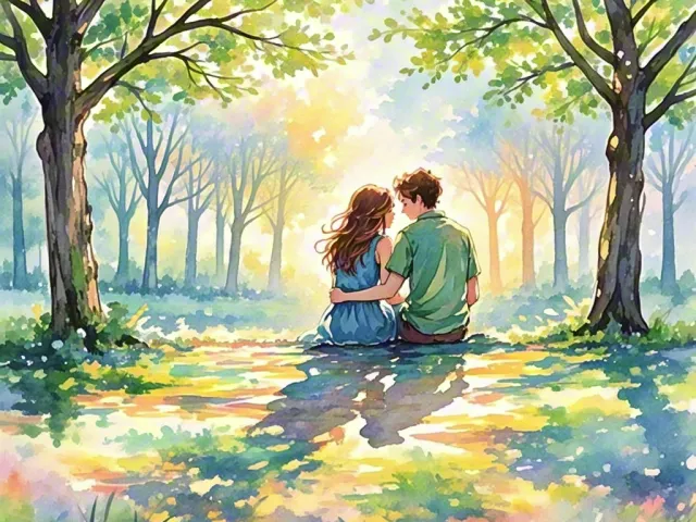 Romantic couple sitting on grass in bright green spring park