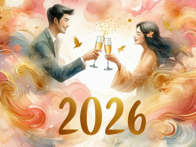 Romantic watercolor illustration of a couple toasting near 2026 text