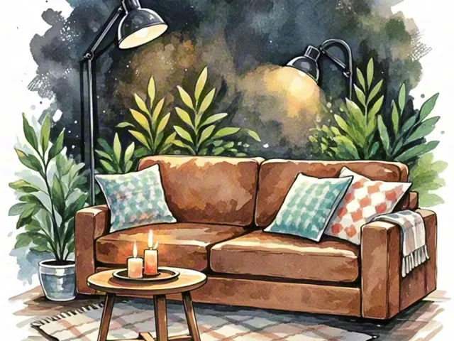 Warm watercolor interior with a brown sofa, plants and soft lighting