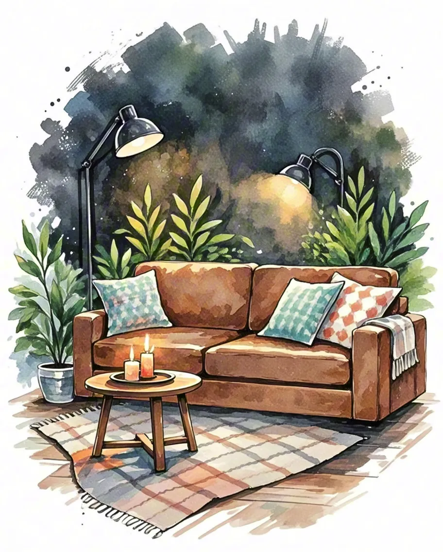 Warm watercolor interior with a brown sofa, plants and soft lighting