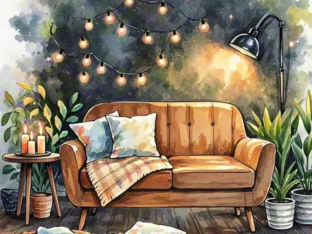 Warm watercolor interior with sofa, lamp and autumn-like cozy lighting