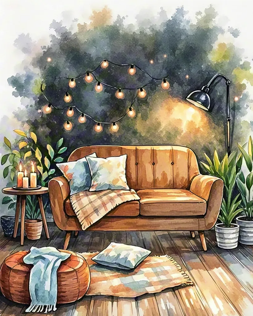 Watercolor cozy living room