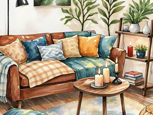 Warm watercolor illustration of a cozy living room with sofa and plants