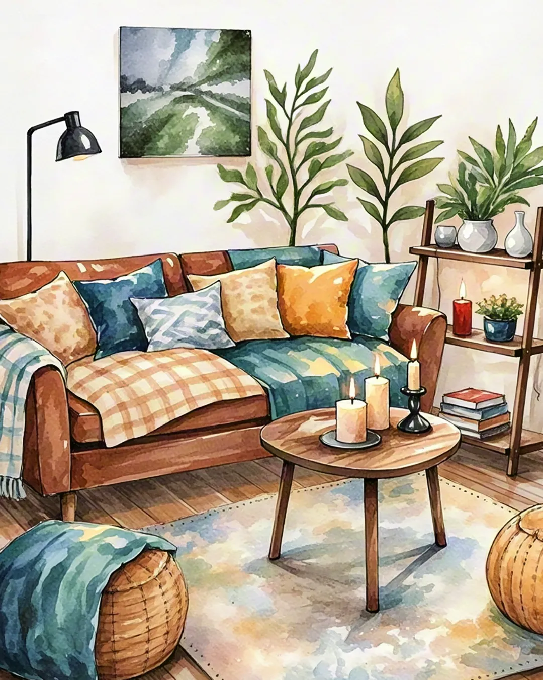 Warm watercolor illustration of a cozy living room with sofa and plants