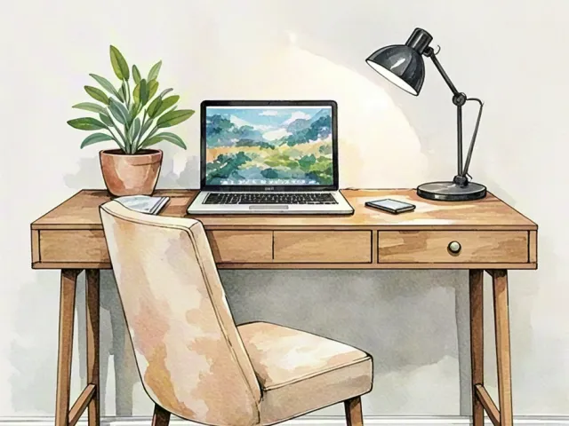 Watercolor illustration of a desk with a laptop, houseplant and window light