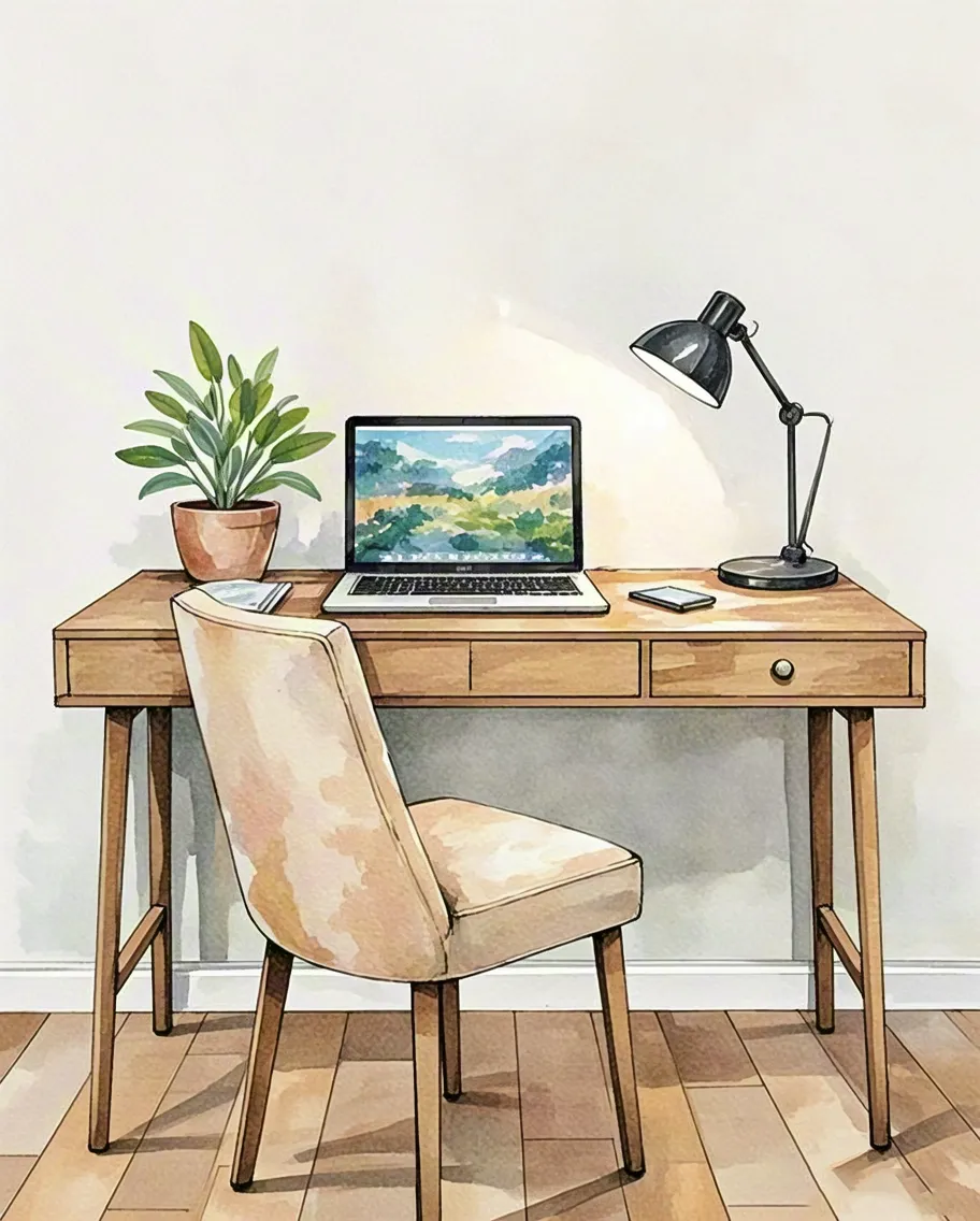 Watercolor illustration of a desk with a laptop, houseplant and window light