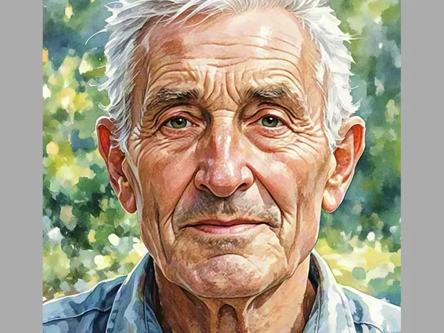 Realistic watercolor portrait of an elderly man outdoors