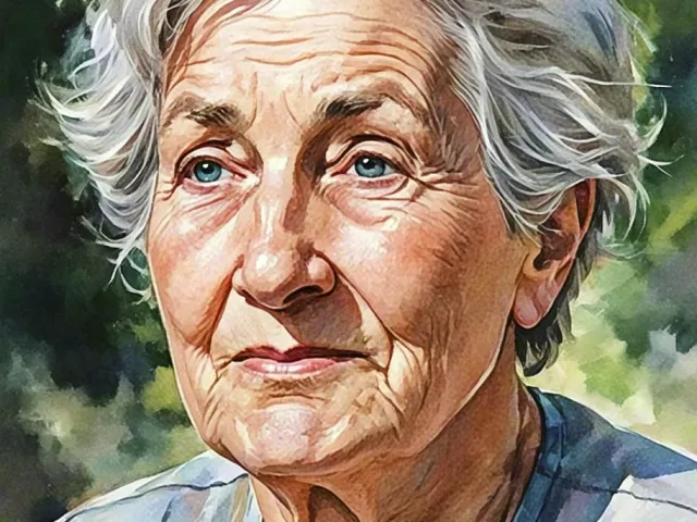 Realistic watercolor portrait of an elderly woman with soft natural lighting