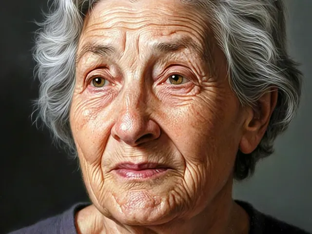 Realistic watercolor portrait of an elderly woman with soft expression