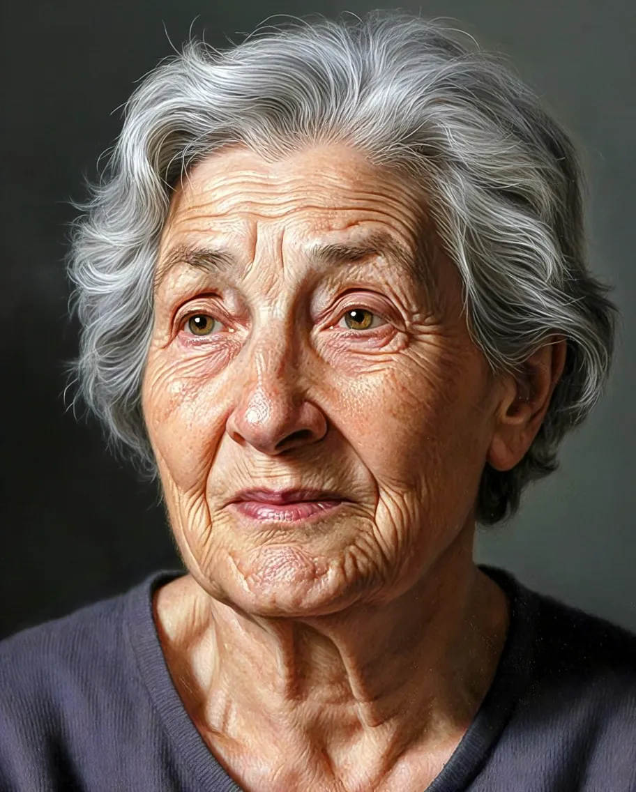 Realistic watercolor portrait of an elderly woman with soft expression