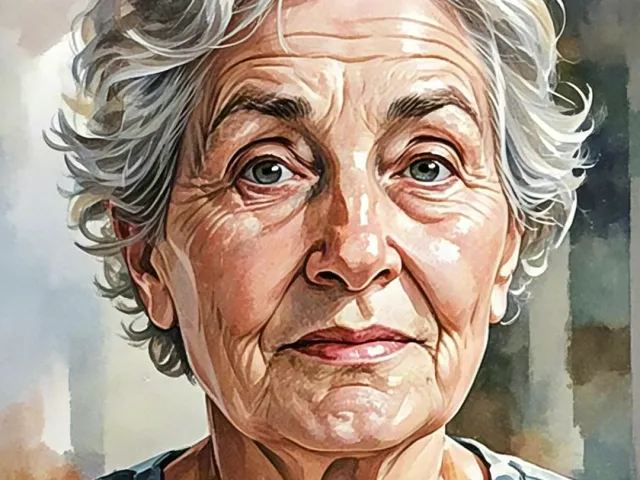 Realistic watercolor portrait of an elderly woman with expressive features