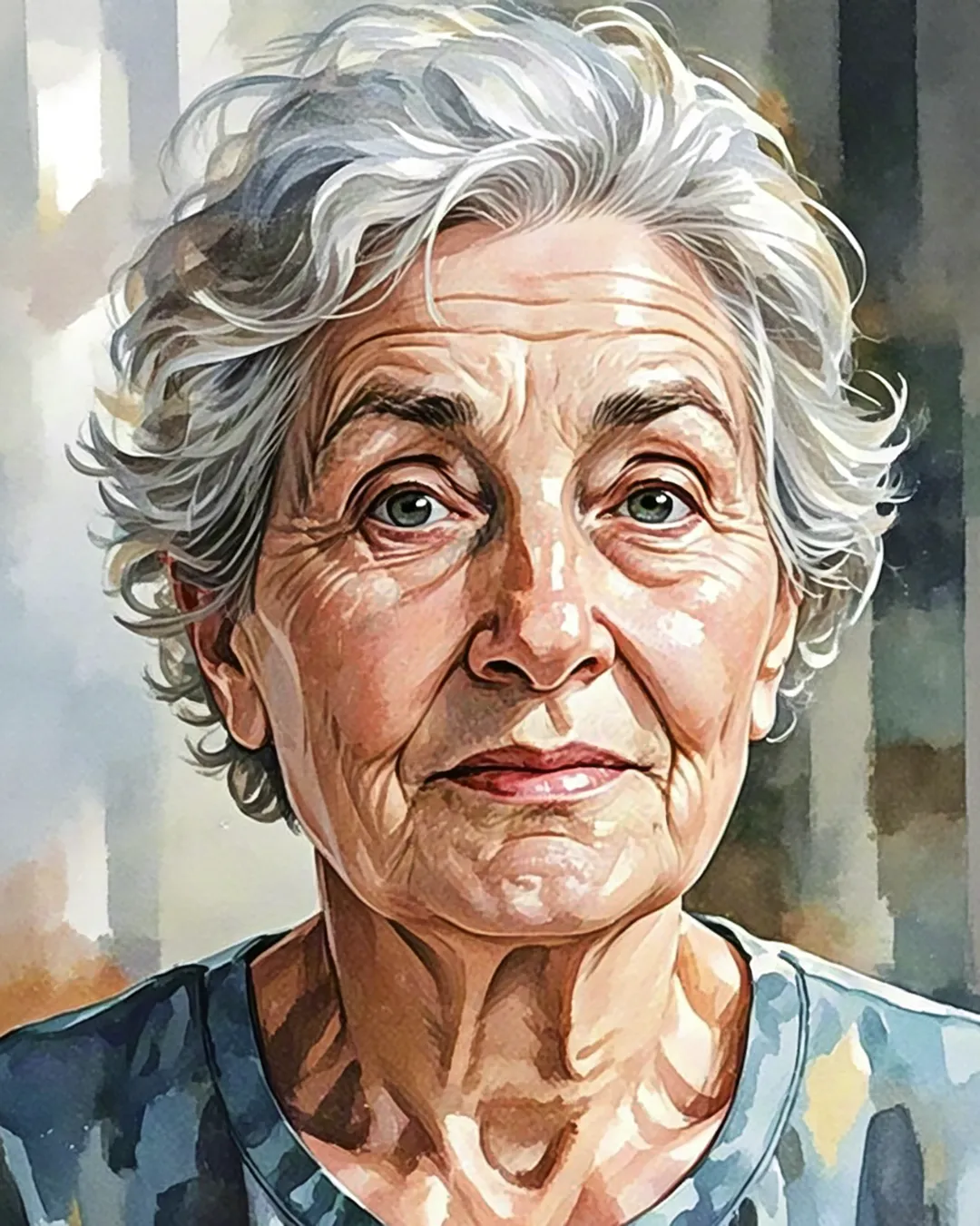 Realistic watercolor portrait of an elderly woman with expressive features