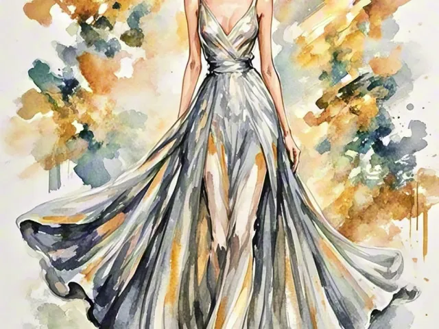 Watercolor illustration of a woman in a flowing light-blue gown