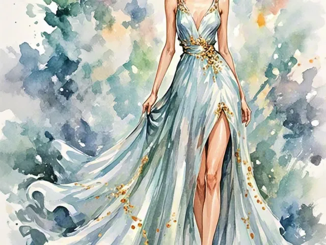 Watercolor illustration of a woman in a flowing blue dress with soft brush textures
