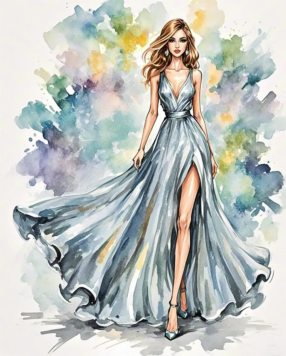 Watercolor illustration of a woman in a flowing blue dress with soft abstract background