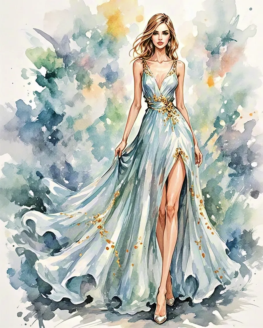 Watercolor illustration of a woman in a flowing blue dress with soft brush textures