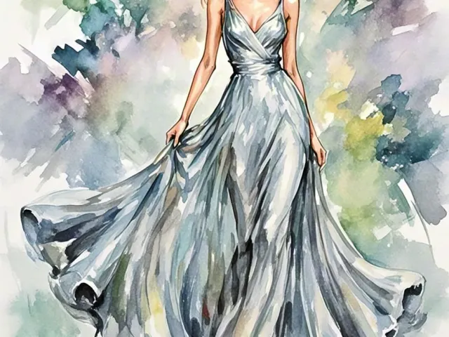 Graceful watercolor illustration of a woman in a flowing blue gown