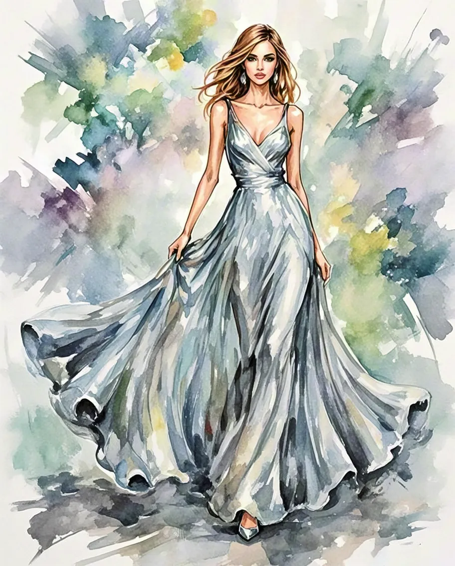 Graceful watercolor illustration of a woman in a flowing blue gown