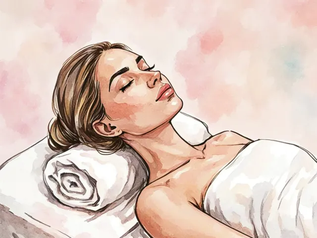 Woman lying down and receiving a relaxing facial massage in watercolor style