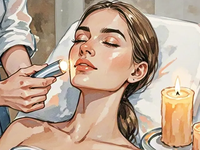 Woman receiving a gentle facial treatment beside a candle in watercolor style