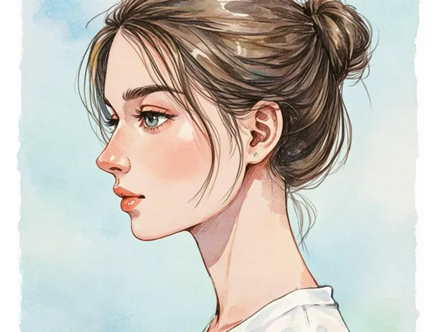 Side-profile watercolor portrait of a young woman with soft blue background