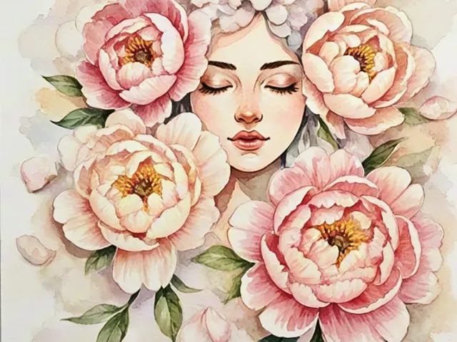 Artistic watercolor portrait of a woman’s face merged with soft pink flowers
