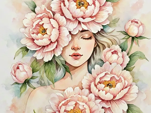 Abstract watercolor composition of a woman's face surrounded by pink roses
